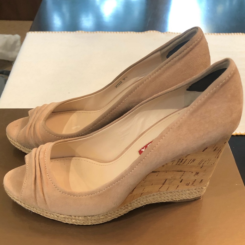 Prada Nude Blush Peep Toe Wedge Heels 37.5 7